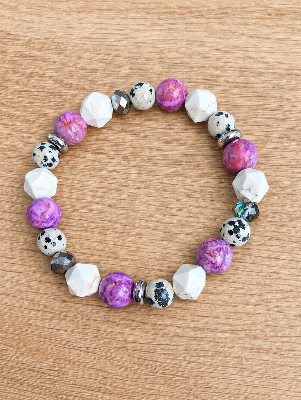 Crazy Lace Calcite, White Turquoise & Dalmatian Jasper Bead Stretch Bracelet